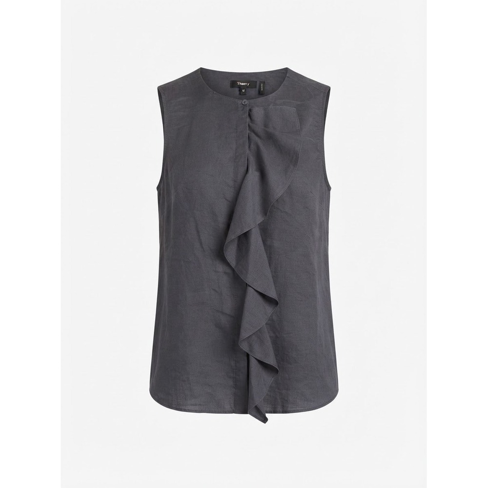 Theory Cotton Lawn Sleeveless Top Women M Blue Ruffle Front Good
